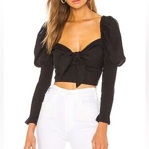 Revolve x Bardot Tie Front Black Linen blend Blouse Top; size L/ US 10, crop top